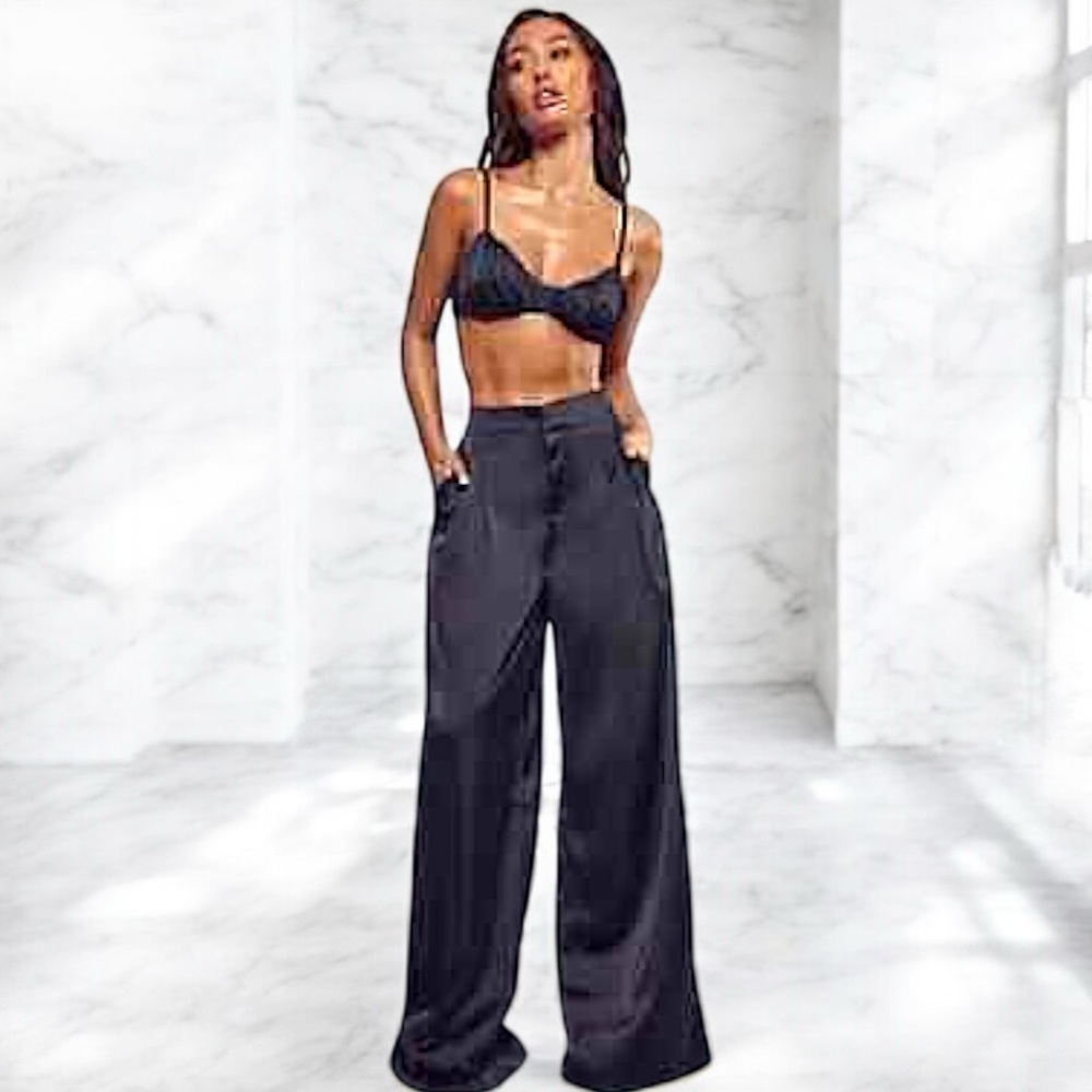 Revolve House of Harlow 1960 Wide Leg High Waist Satin Trousers Navy Pants Sz M